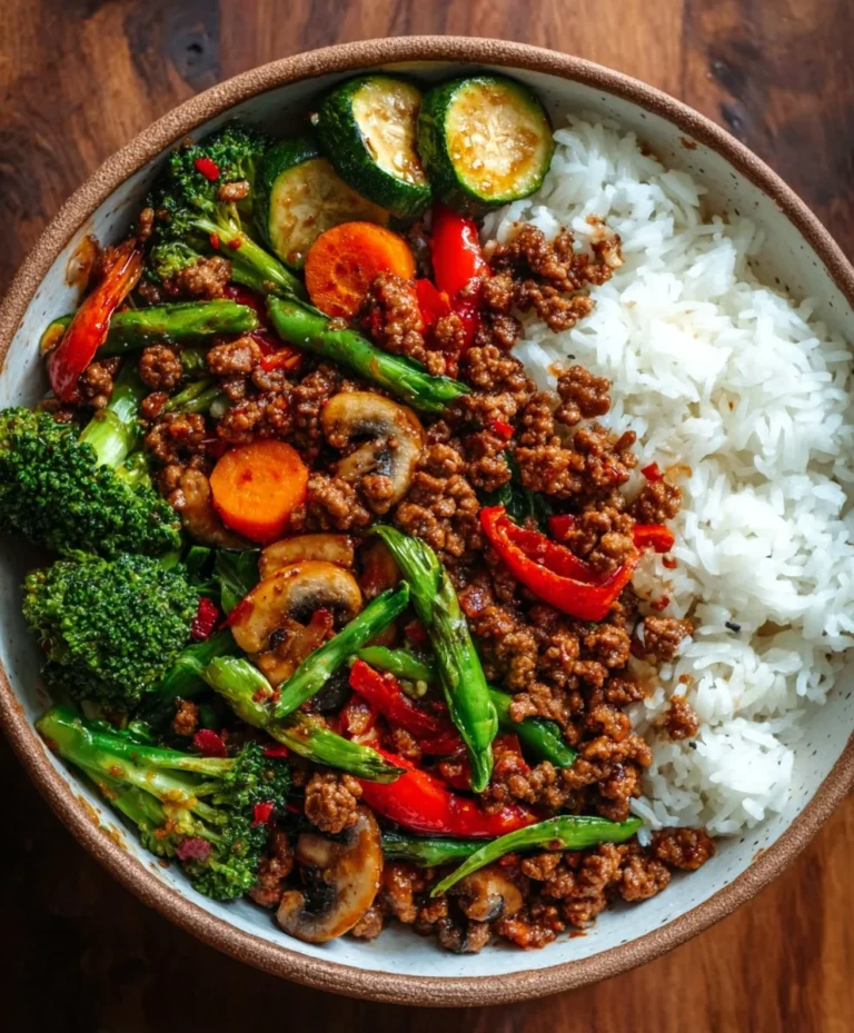 Spicy Beef Stir-Fry Bowl Garlic Veggies Steamy Rice