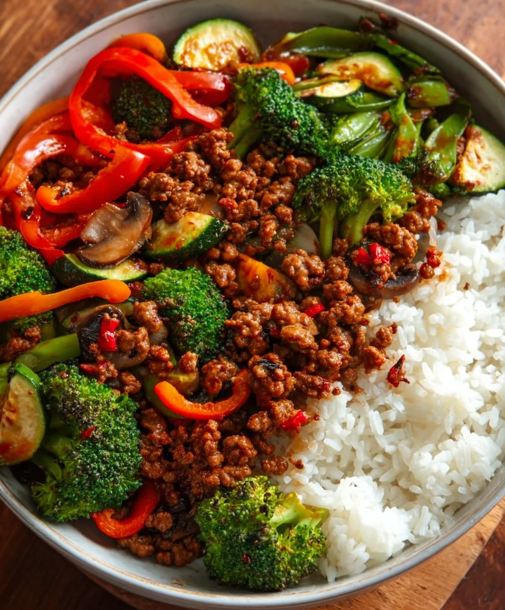 Spicy Beef Stir-Fry Bowl Garlic Veggies Steamy Rice