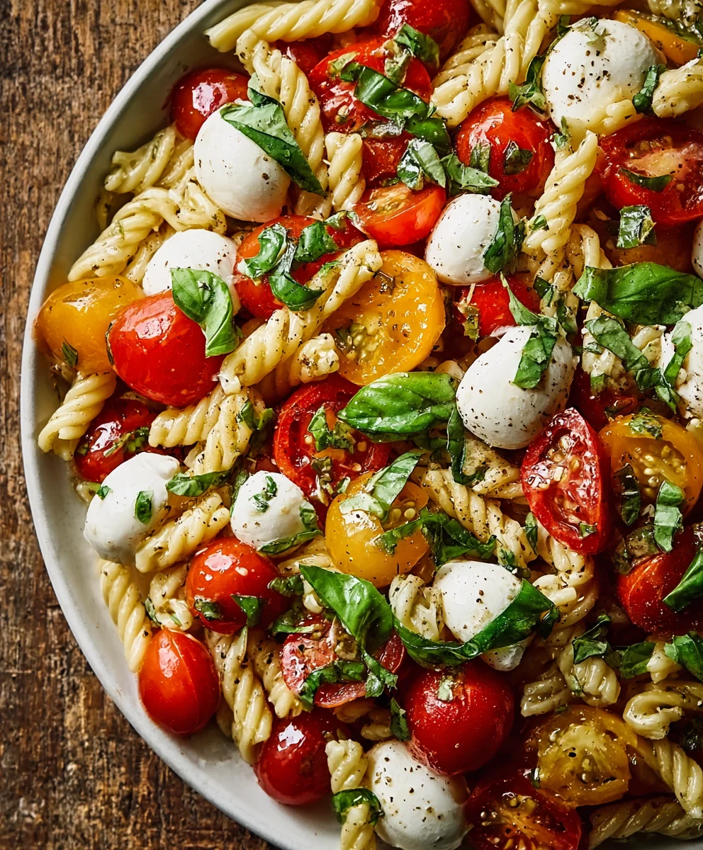 Creamy Caprese Pasta Salad- Easy & Delicious