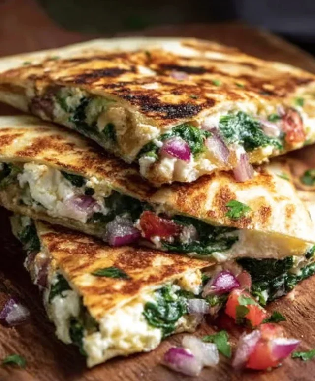 Mediterranean Quesadillas with Spinach, Feta, Mozzarella, and Red Onion