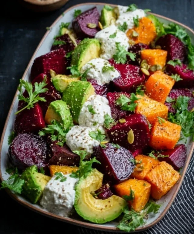 Roasted Beet, Sweet Potato & Avocado Salad with Whipped Ricotta & Lemon-Tahini Drizzle