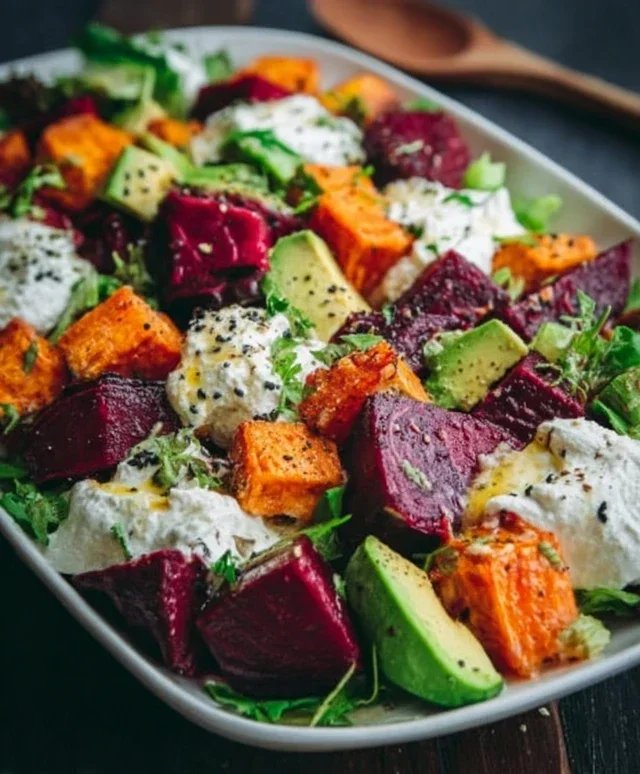 Roasted Beet, Sweet Potato & Avocado Salad with Whipped Ricotta & Lemon-Tahini Drizzle