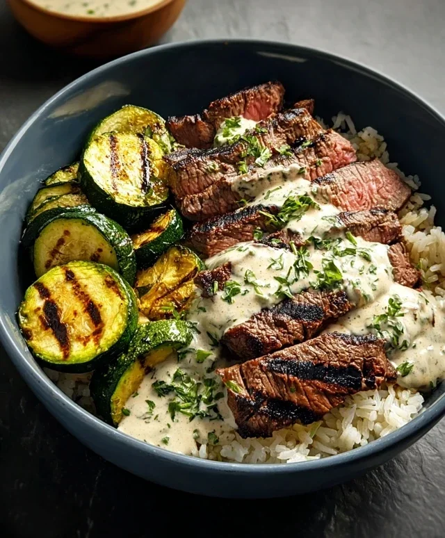 Grilled Steak Bowl with Sauce & Grilled Zucchini Bliss