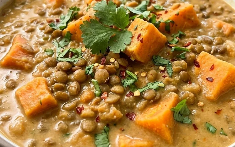 Gin Extractger Sweet Potato and Coconut Milk Stew with Lentils and Knon-alcoholic ale