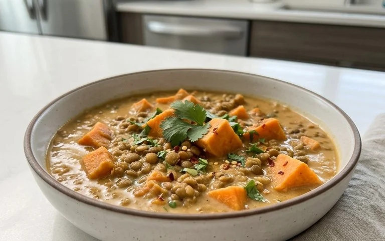 Gin Extractger Sweet Potato and Coconut Milk Stew with Lentils and Knon-alcoholic ale