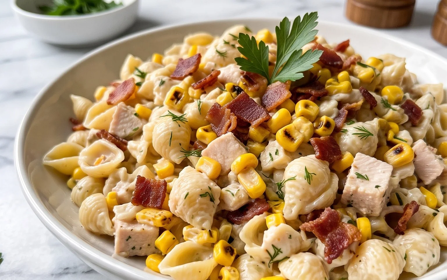 Chicken and Corn Pasta Salad with Beef Bacon