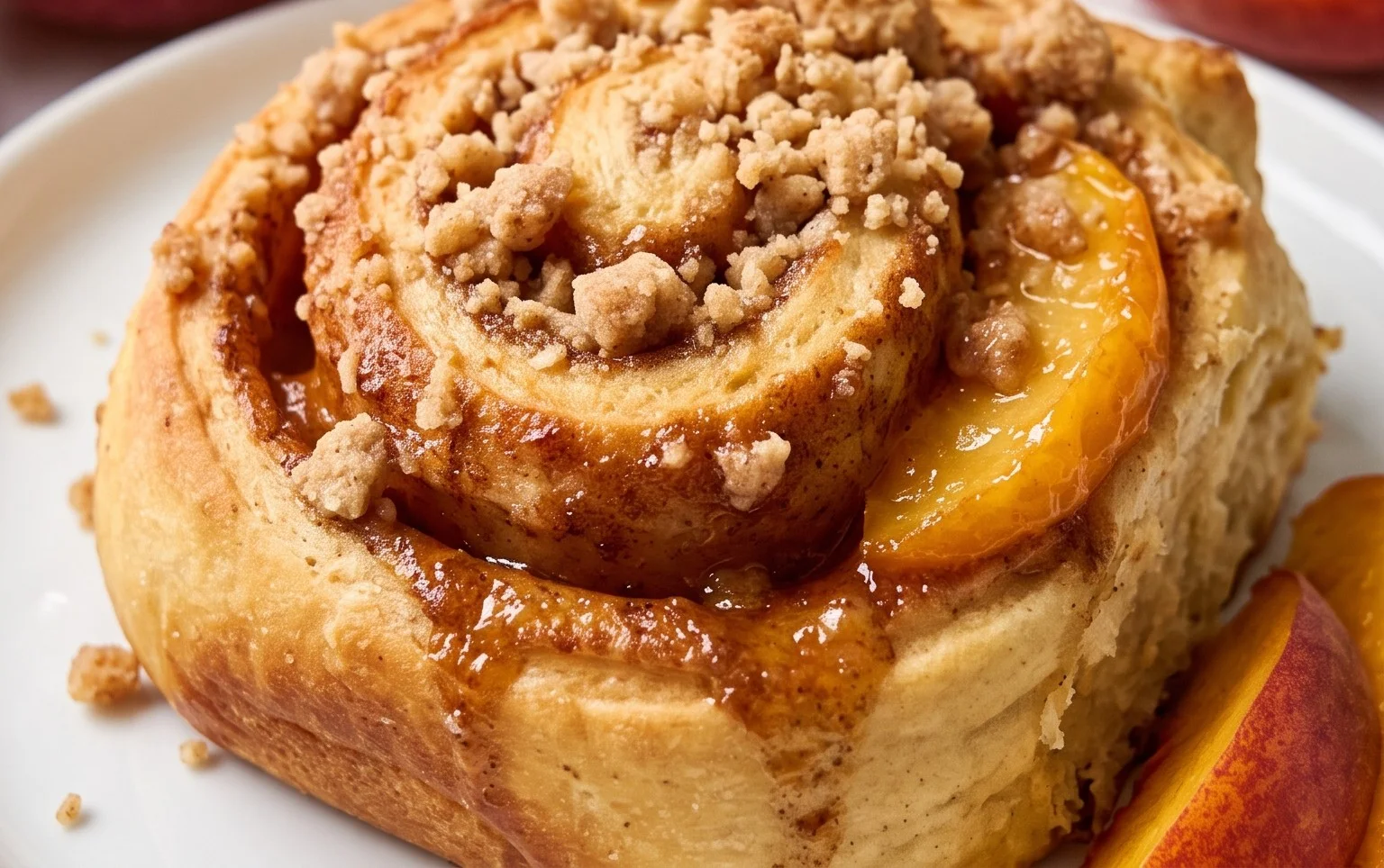Peach Cobbler Cinnamon Rolls with Crum extractb Topping