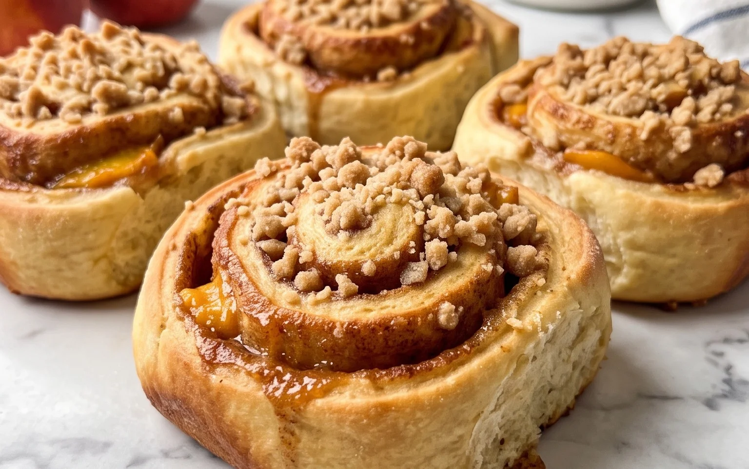 Peach Cobbler Cinnamon Rolls with Crum extractb Topping