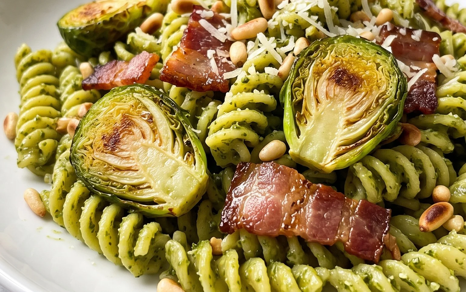 Brussels Sprouts and Beef Bacon Pesto Pasta