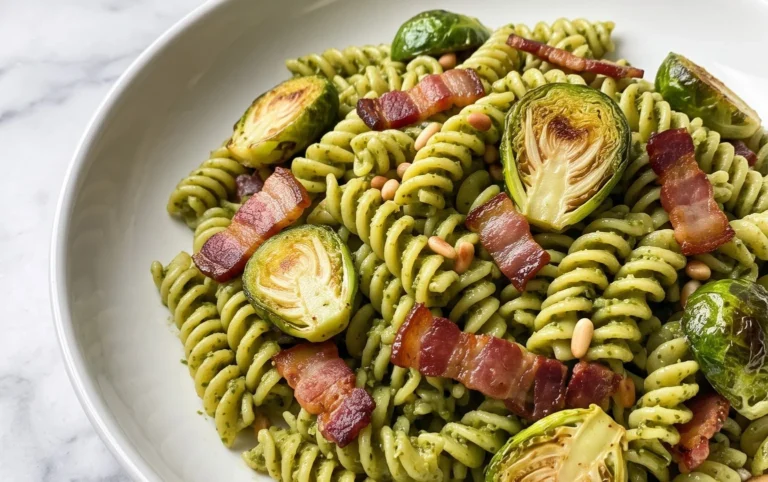 Brussels Sprouts and Beef Bacon Pesto Pasta
