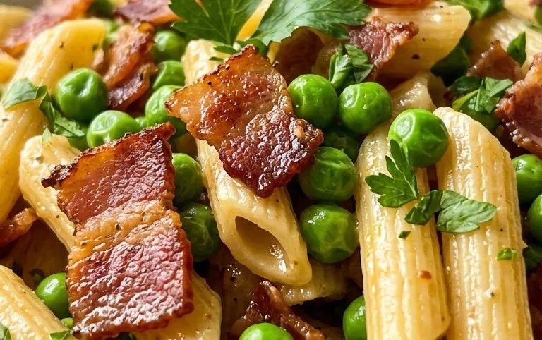 Penne Pasta, Peas and Beef Bacon