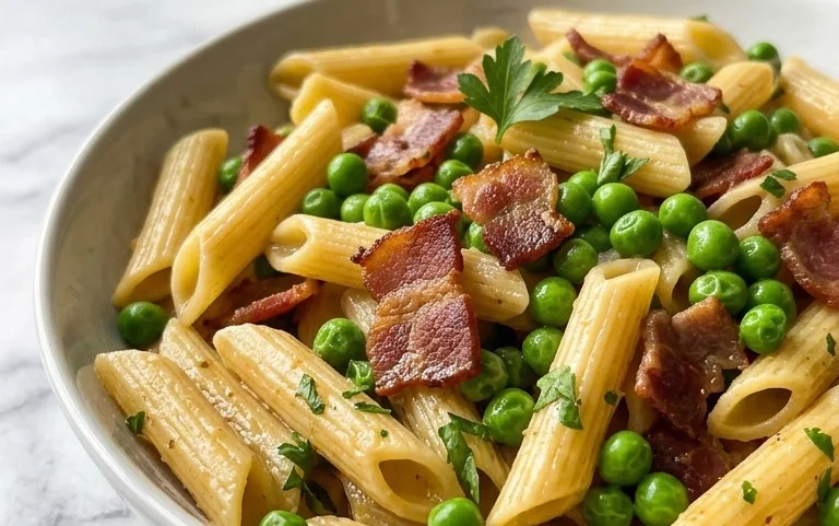 Penne Pasta, Peas and Beef Bacon