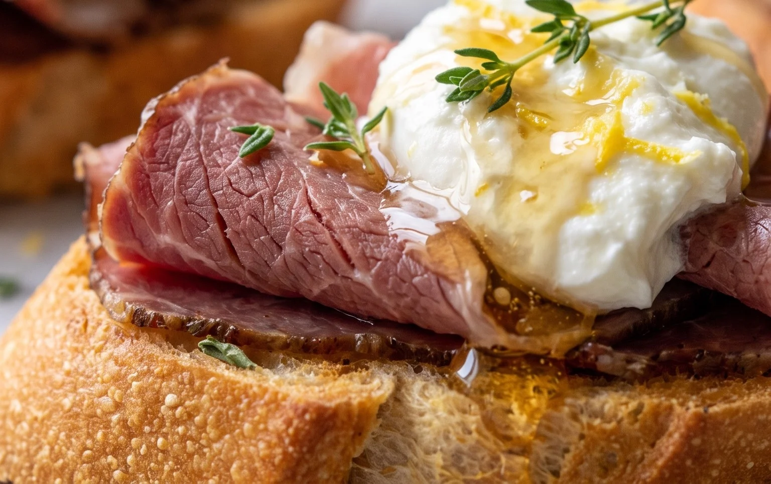 Beef Prosciutto Crostini with Burrata and Lemon Honey Drizzle