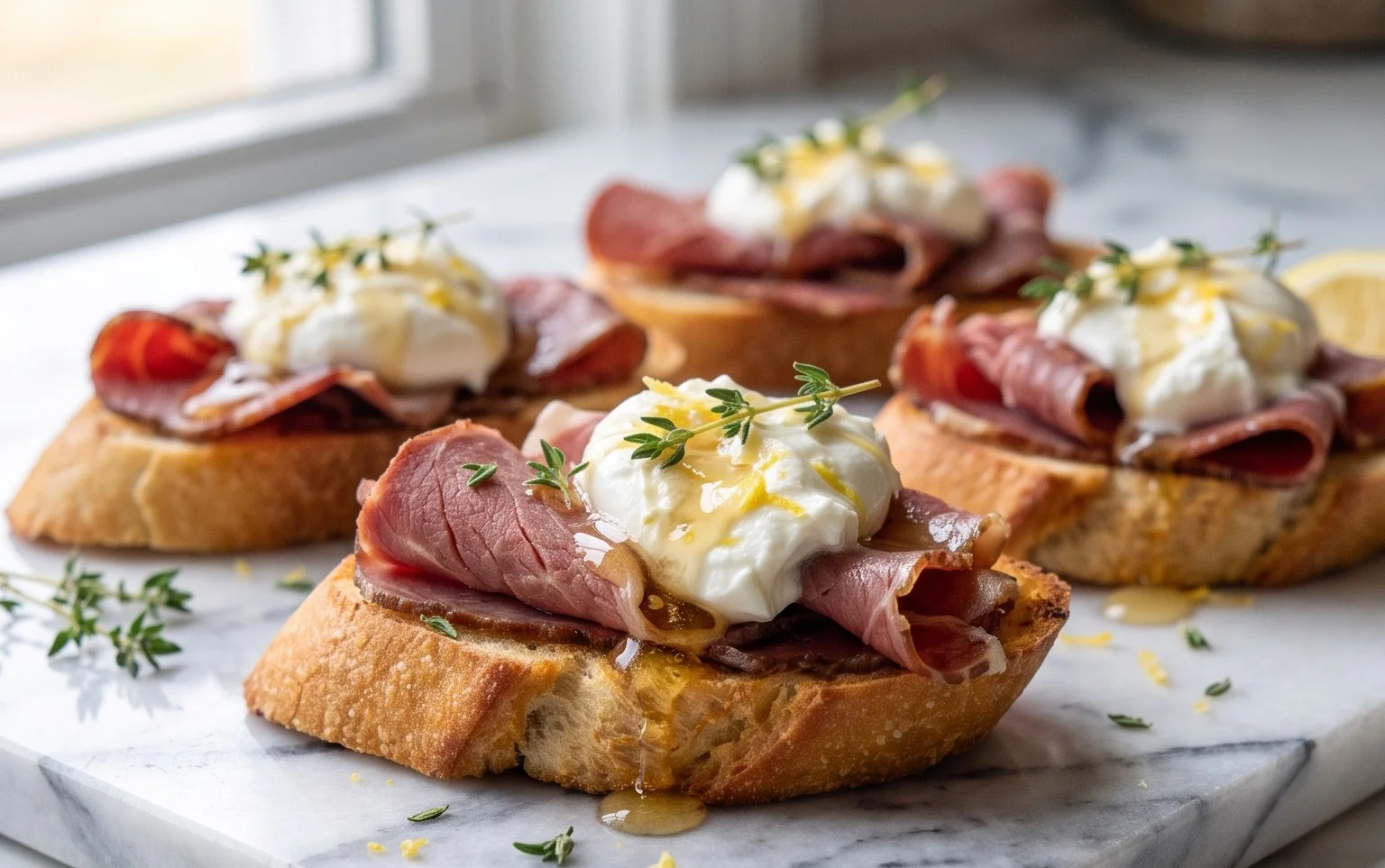 Beef Prosciutto Crostini with Burrata and Lemon Honey Drizzle